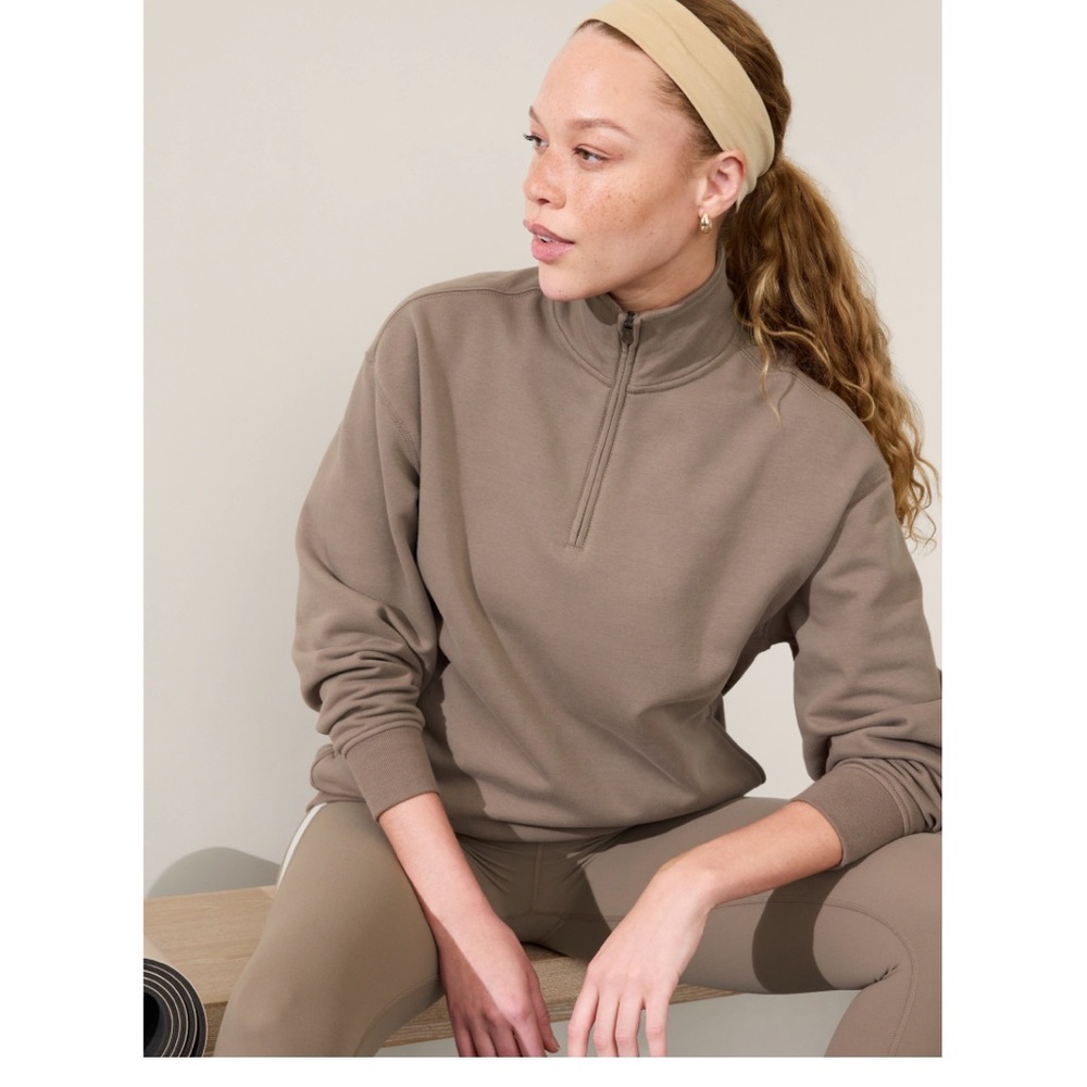 Athleta Forever Fleece Quarter-Zip Pullover - pyrite (light brown) size M
